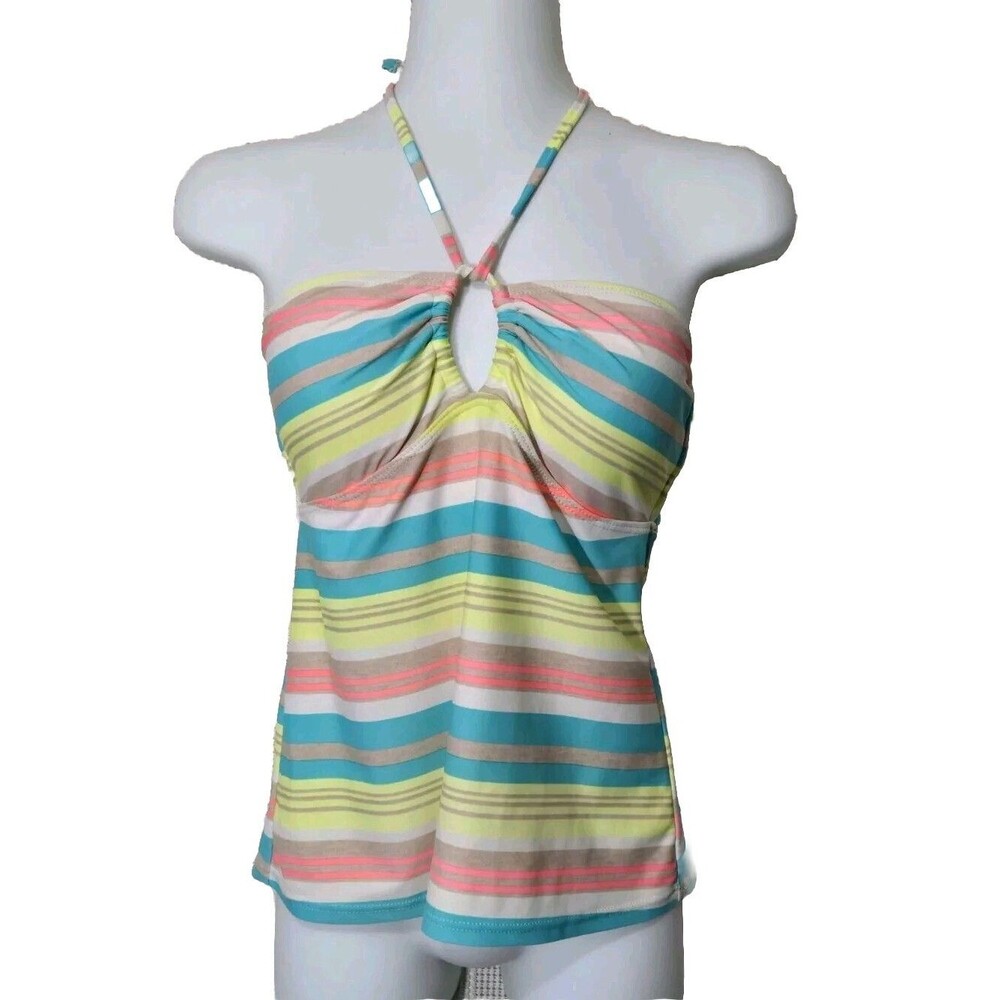 Malibu Dream Girl Tankini Top Womens Medium Striped Keyhole Halter Strappy Back